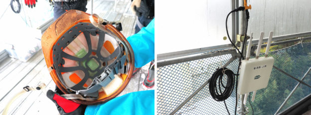 作業員のヘルメット内側に取り付けられたビーコンセンサー（左）と作業車脇の受信装置（右）